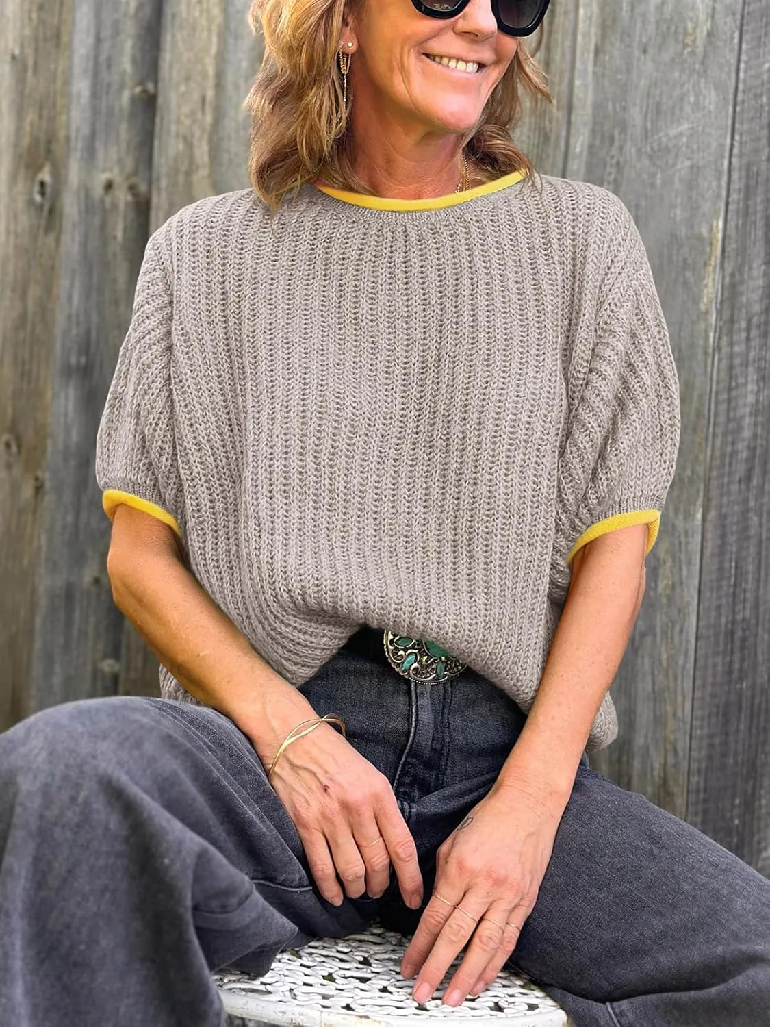 Saodimallsu Womens Puff Short Sleeve Sweater Tops Spring Summer Color Block Ribbed Knit Crew Neck Going Out Shirts