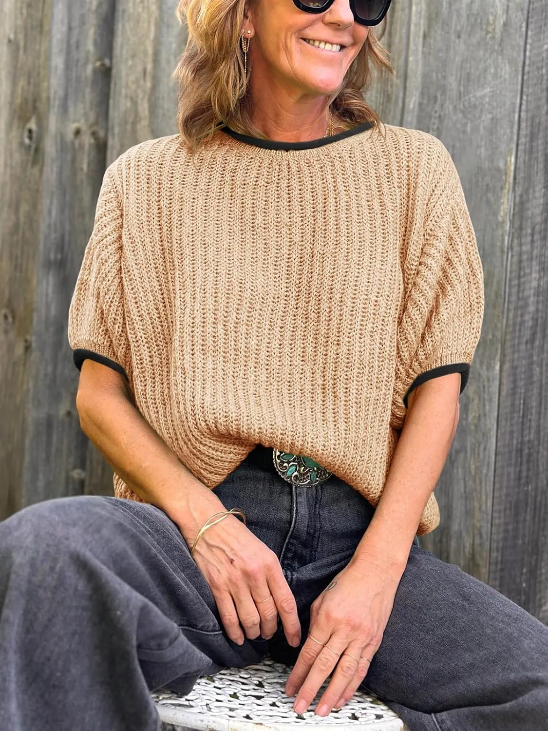 Saodimallsu Womens Puff Short Sleeve Sweater Tops Spring Summer Color Block Ribbed Knit Crew Neck Going Out Shirts