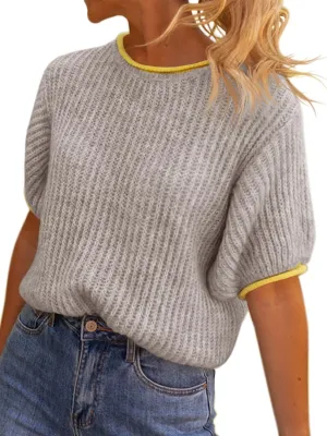 Saodimallsu Womens Puff Short Sleeve Sweater Tops Spring Summer Color Block Ribbed Knit Crew Neck Going Out Shirts