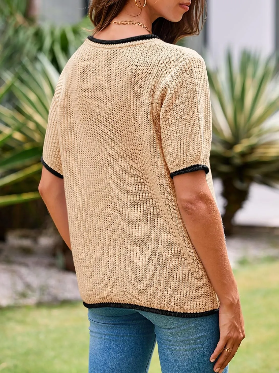 Saodimallsu Womens Puff Short Sleeve Sweater Tops Spring Summer Color Block Ribbed Knit Crew Neck Going Out Shirts