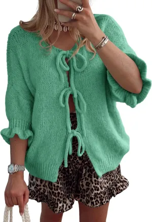 Saodimallsu Womens Tie Front Bow Cardigan Sweaters Lightweight Knit Ruffle Half Sleeve 2025 Trendy Jacket