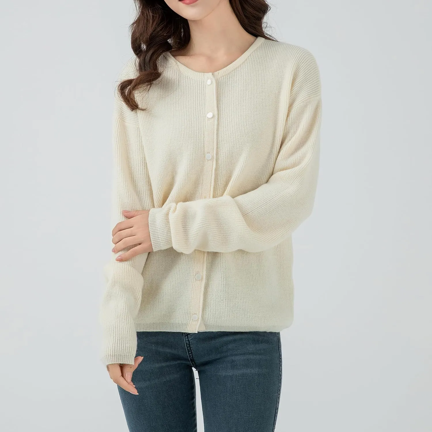 Simple&Opulence Womens Cardigan Button Down Crew Neck Sweater Open Front Long Sleeve Lightweight Knitted Sweaters