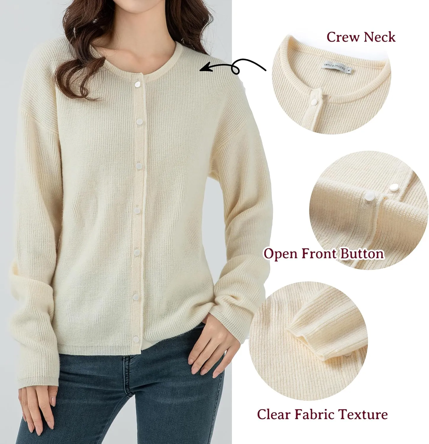 Simple&Opulence Womens Cardigan Button Down Crew Neck Sweater Open Front Long Sleeve Lightweight Knitted Sweaters