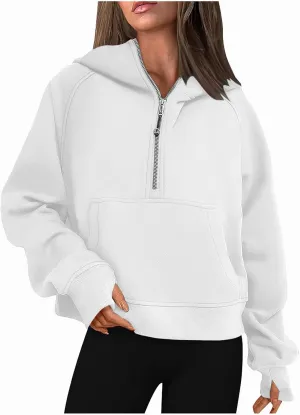 TANGNADE Hooded Sweatshirts Women Half Zip Cropped Fleece Pullover Quarter Zipper Thumb Hole Hoodies with Pockets