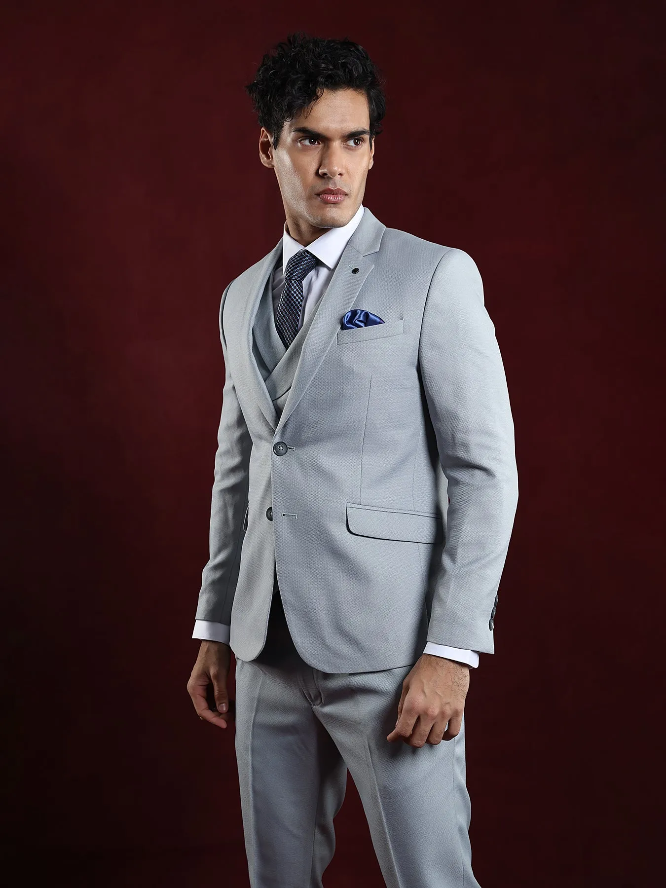 Terry Rayon Grey Dobby 3 Pieces Full Sleeve Ceremonial Suit