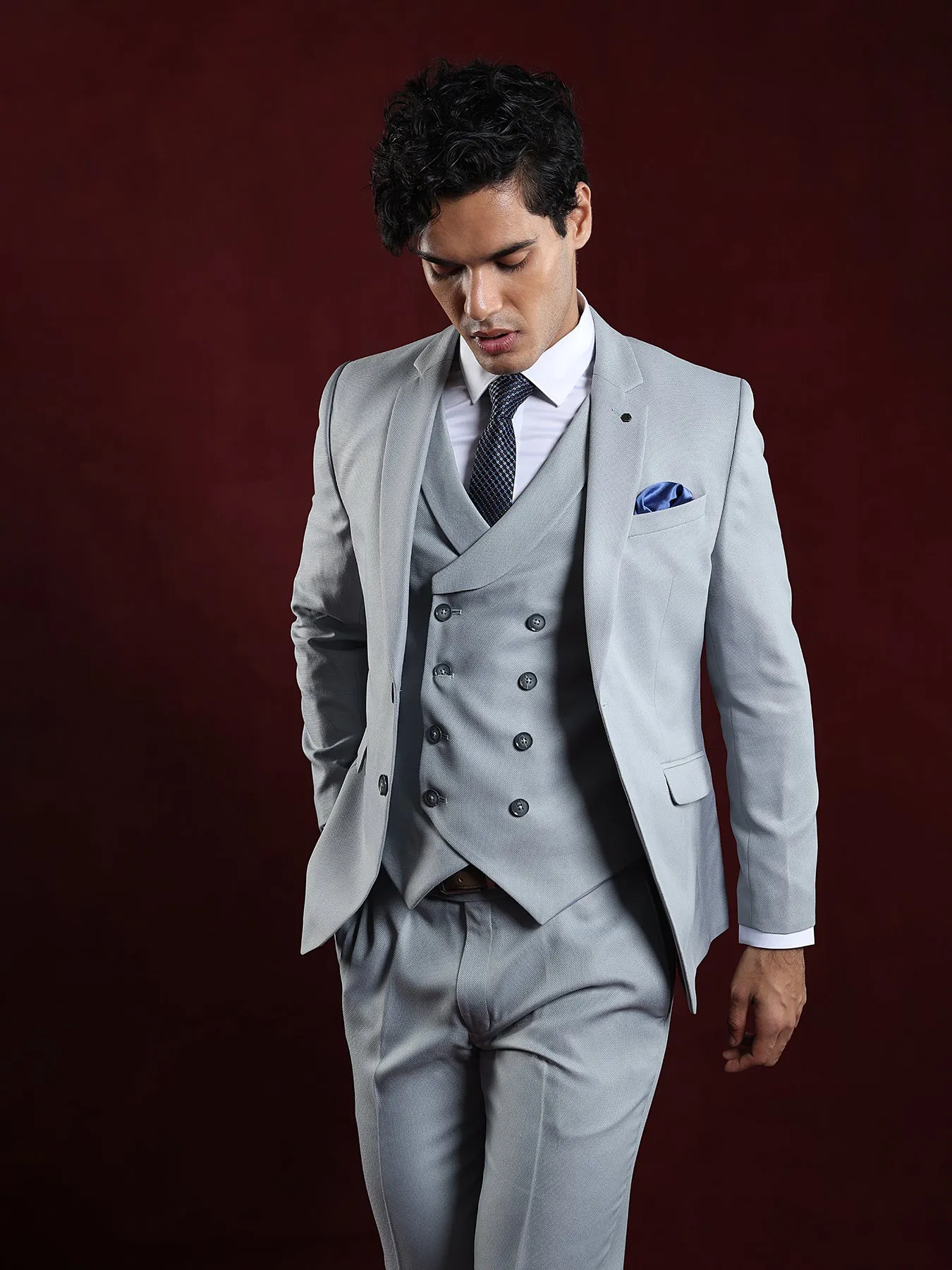 Terry Rayon Grey Dobby 3 Pieces Full Sleeve Ceremonial Suit