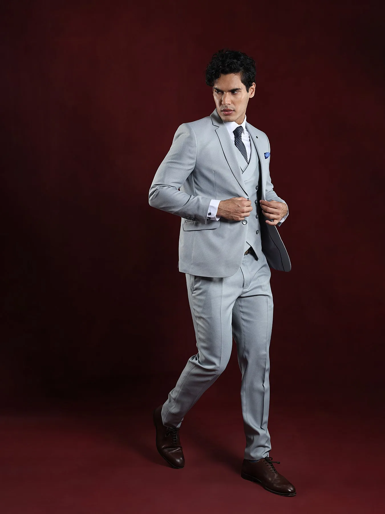 Terry Rayon Grey Dobby 3 Pieces Full Sleeve Ceremonial Suit