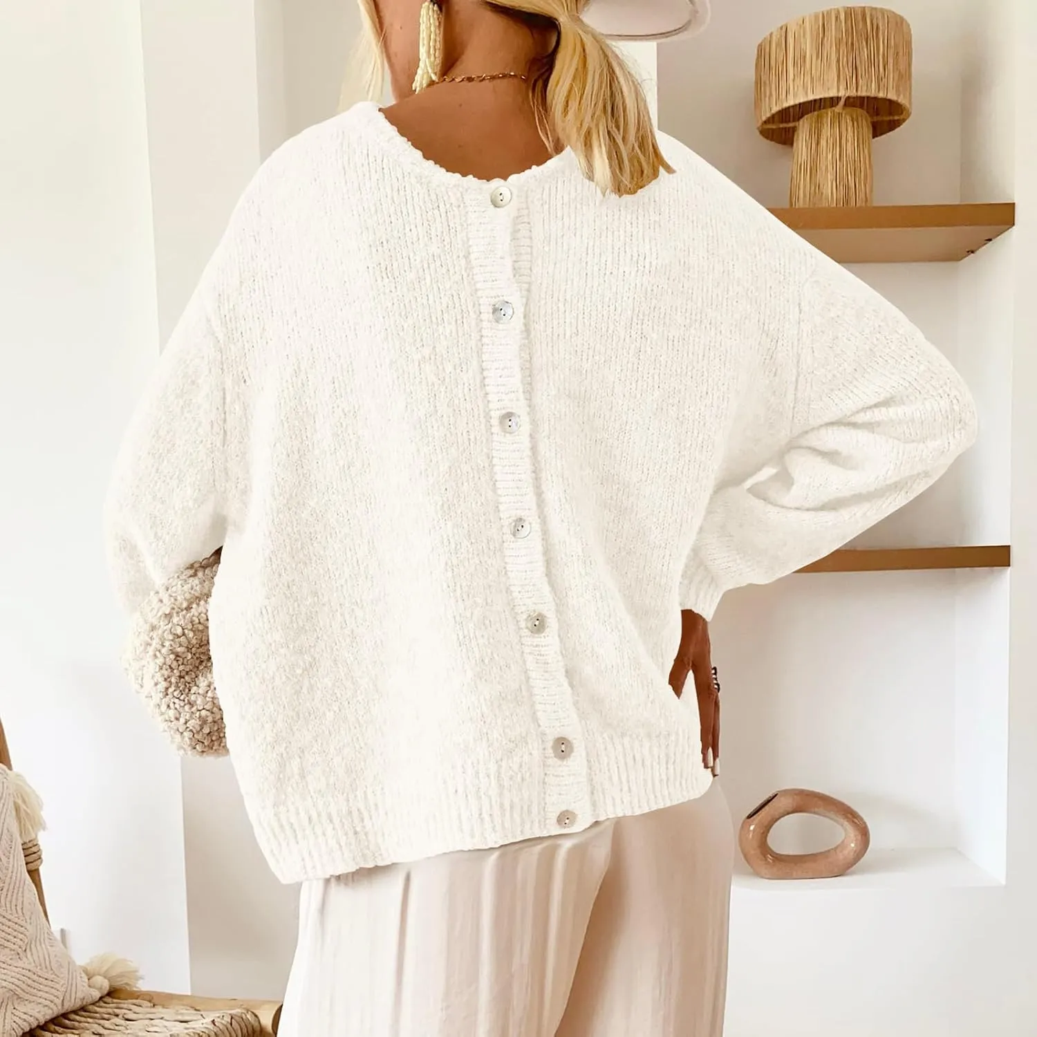 ThCreasa Womens Open Front Cardigan Sweaters Button Down Long Sleeve Casual Crew Neck Solid Knit Cardigans Outerwear