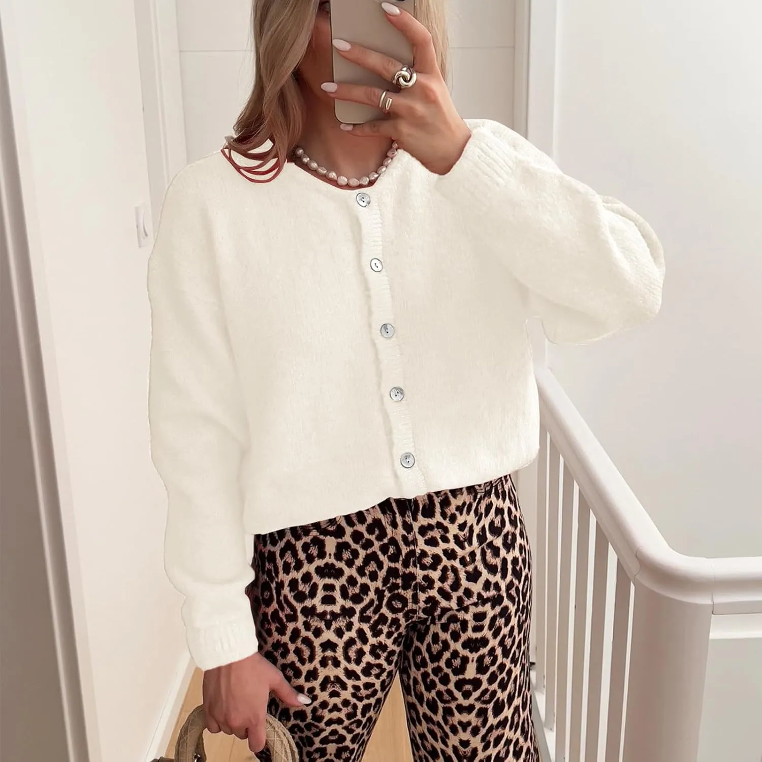 ThCreasa Womens Open Front Cardigan Sweaters Button Down Long Sleeve Casual Crew Neck Solid Knit Cardigans Outerwear