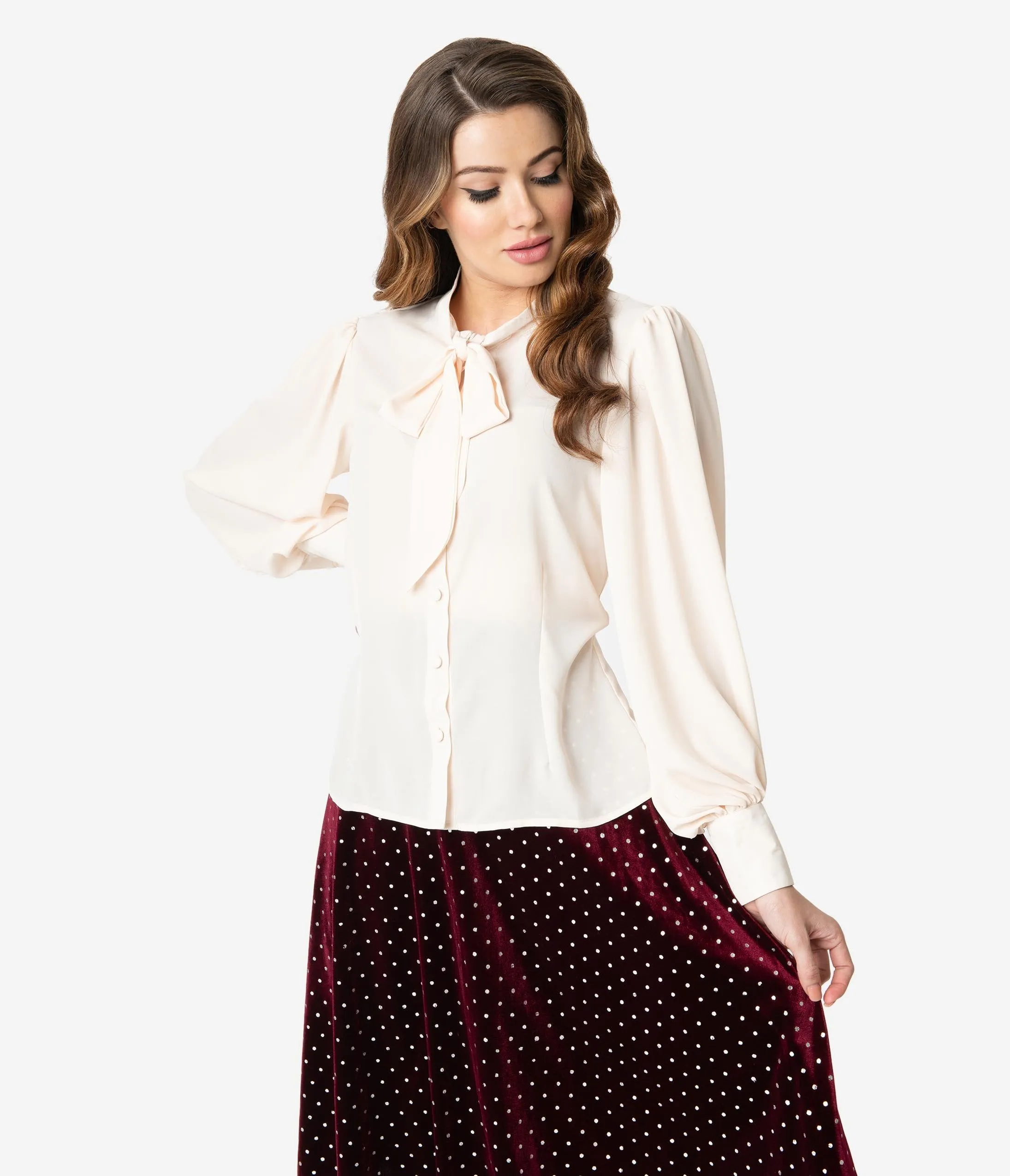 Unique Vintage Ivory Crepe Neck Tie Gwen Blouse