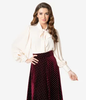 Unique Vintage Ivory Crepe Neck Tie Gwen Blouse