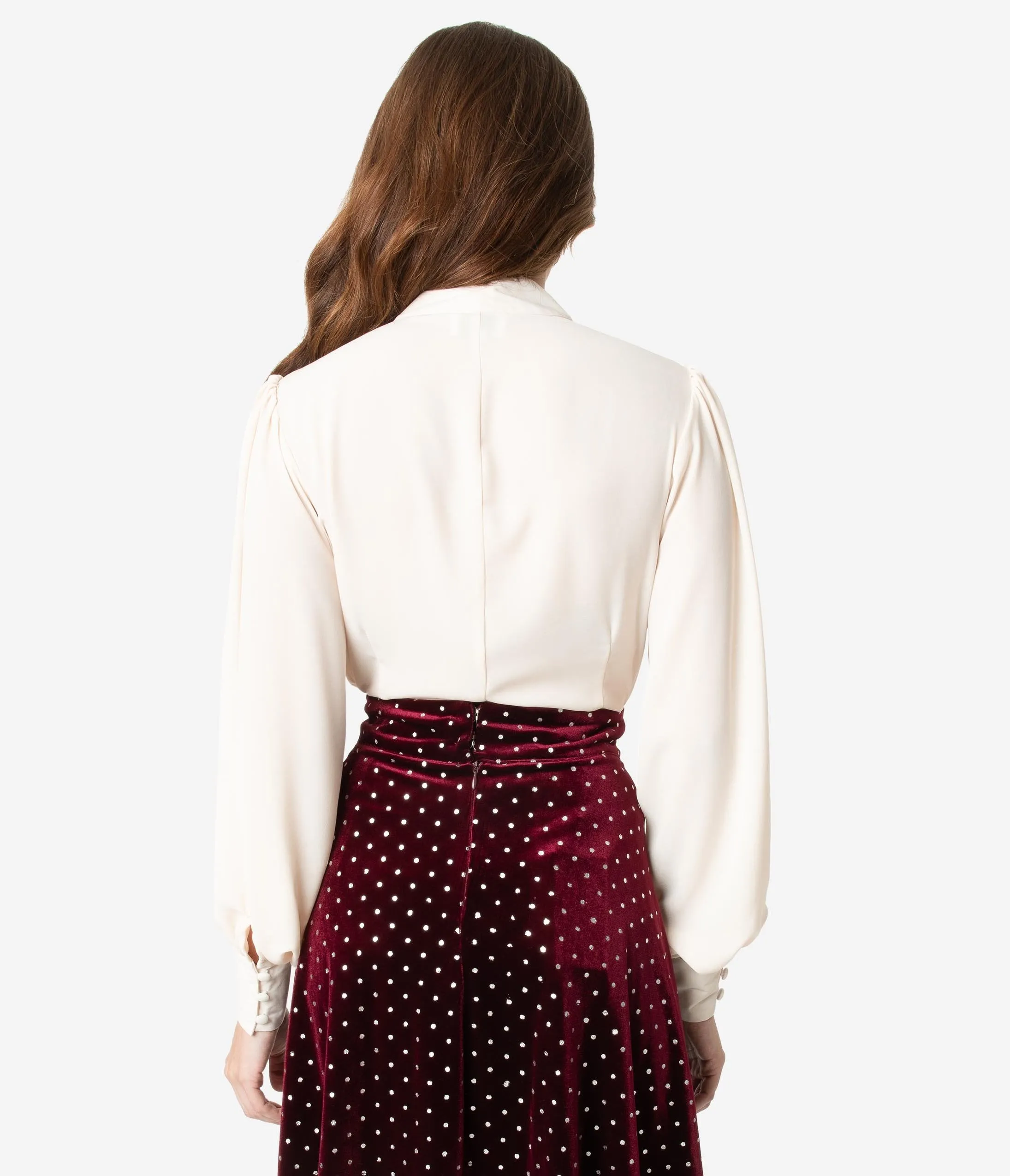 Unique Vintage Ivory Crepe Neck Tie Gwen Blouse