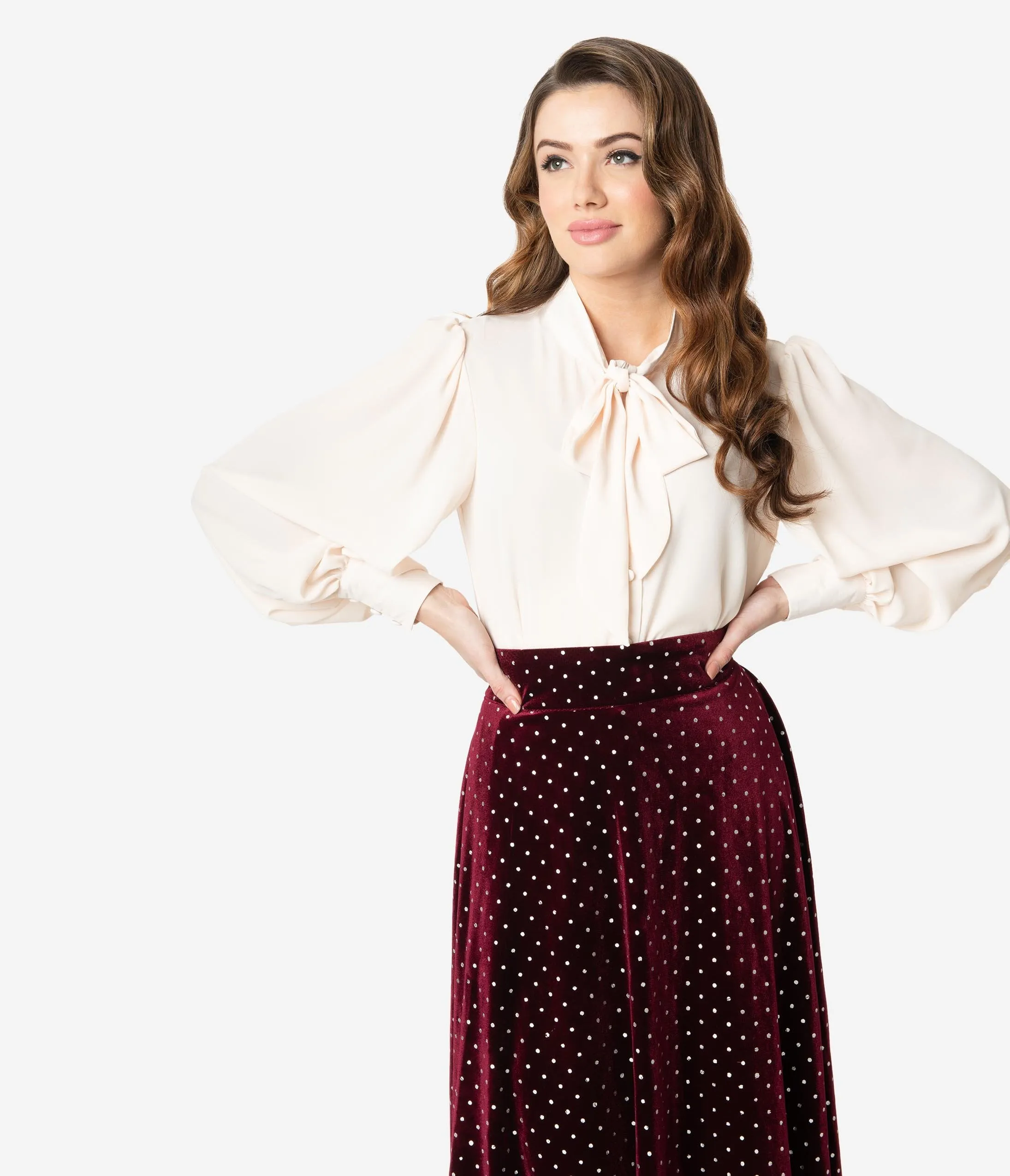Unique Vintage Ivory Crepe Neck Tie Gwen Blouse