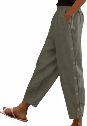 Woman Linen Pants Baggy Casual Elastic Waist Straight Leg Trendy Pants Side Button Solid Color Trousers with Pockets