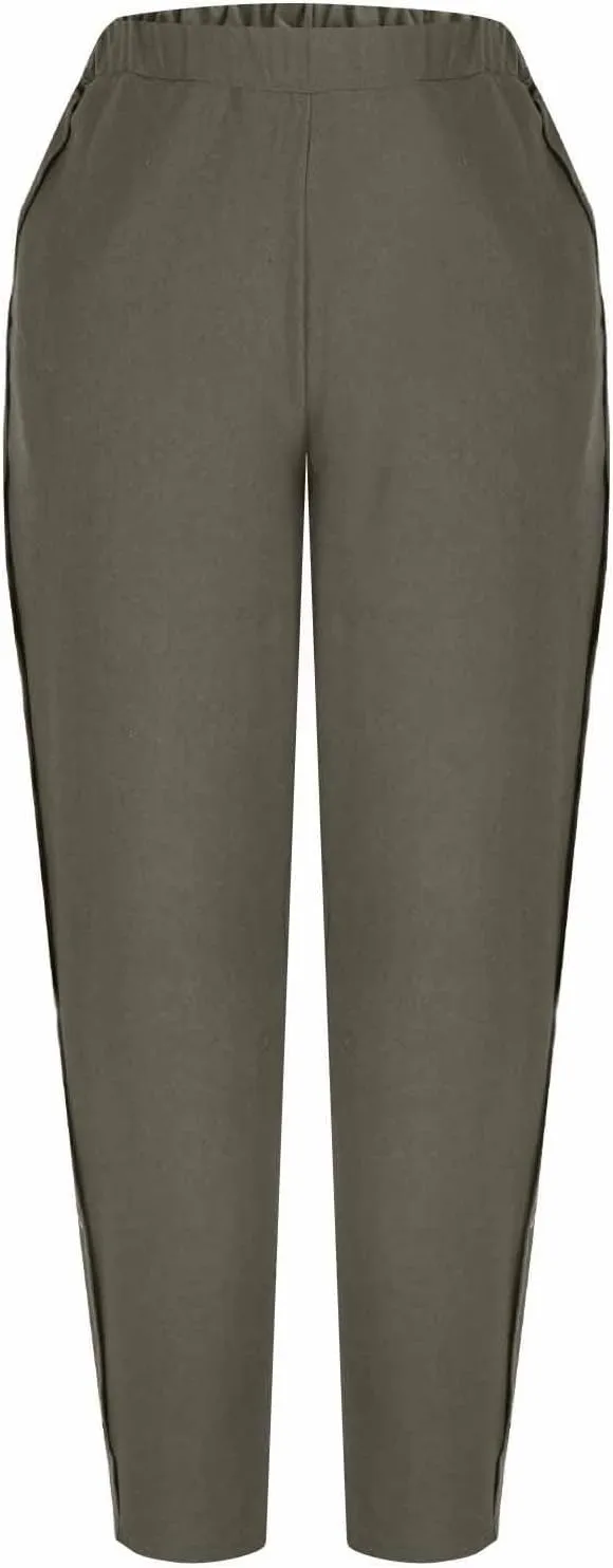 Woman Linen Pants Baggy Casual Elastic Waist Straight Leg Trendy Pants Side Button Solid Color Trousers with Pockets