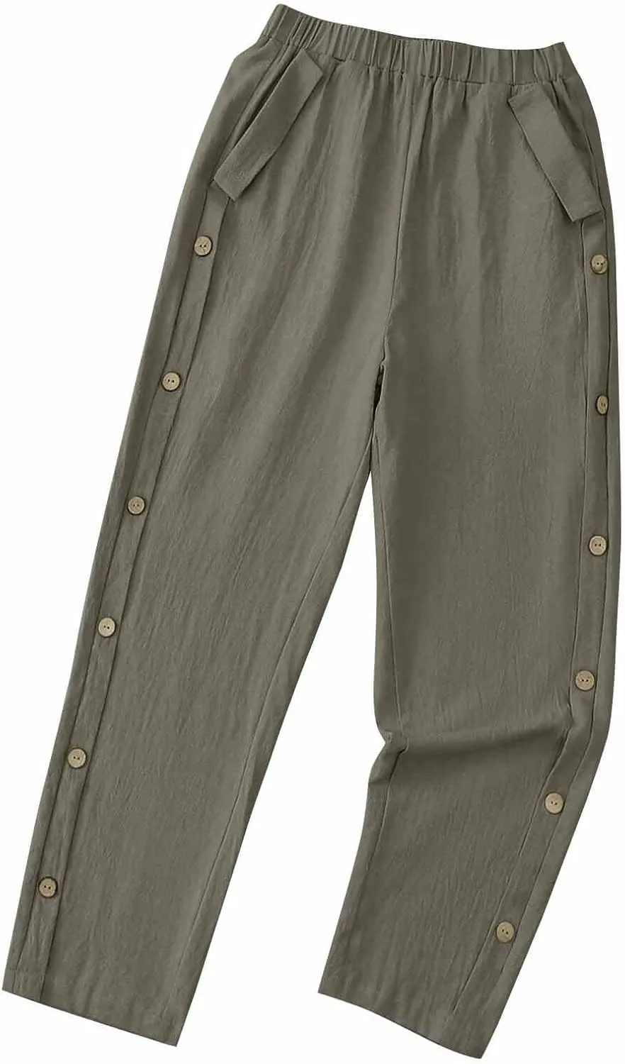 Woman Linen Pants Baggy Casual Elastic Waist Straight Leg Trendy Pants Side Button Solid Color Trousers with Pockets