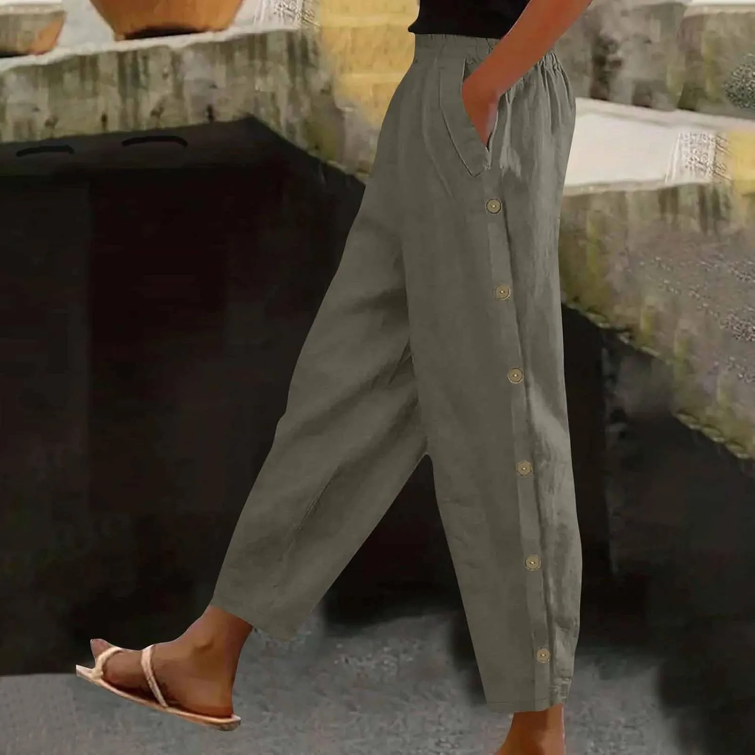 Woman Linen Pants Baggy Casual Elastic Waist Straight Leg Trendy Pants Side Button Solid Color Trousers with Pockets