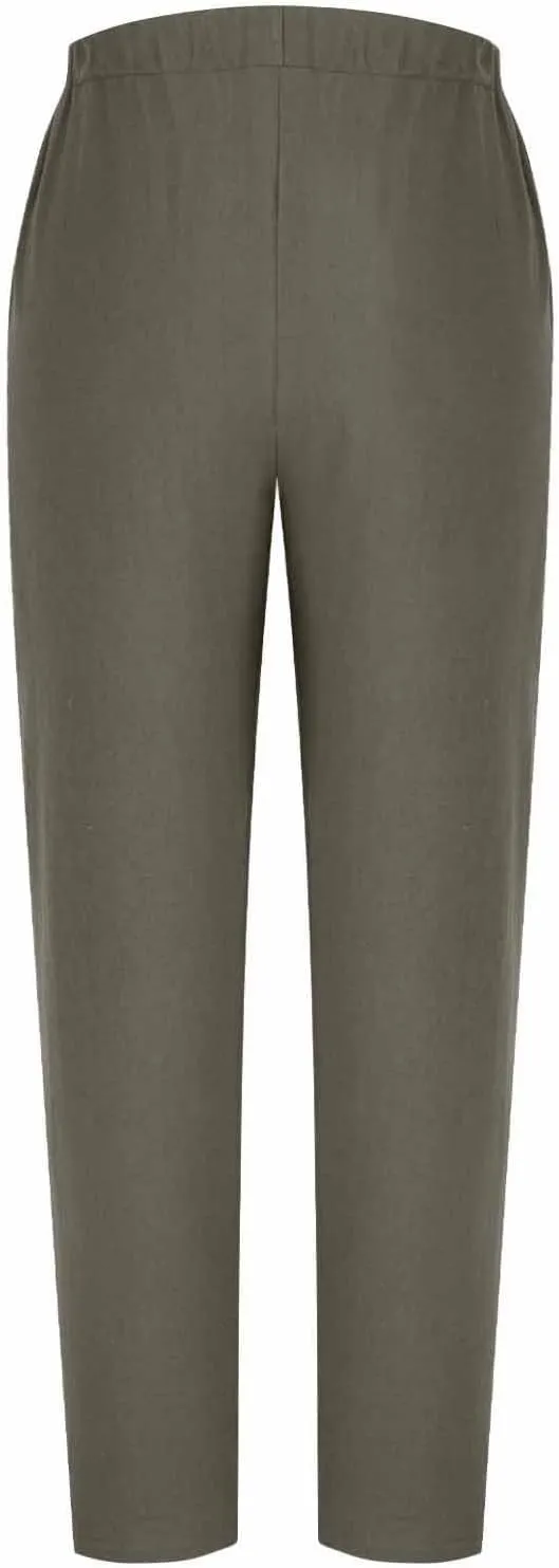 Woman Linen Pants Baggy Casual Elastic Waist Straight Leg Trendy Pants Side Button Solid Color Trousers with Pockets