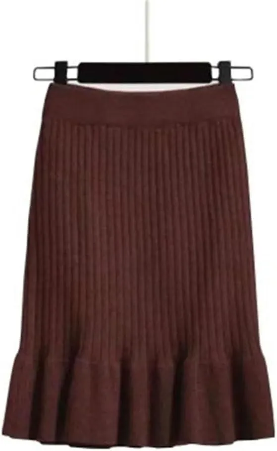 Women Knitted High Waist Pleated Skirts Solid Elastic Waist Ribbed Knitting Skirt