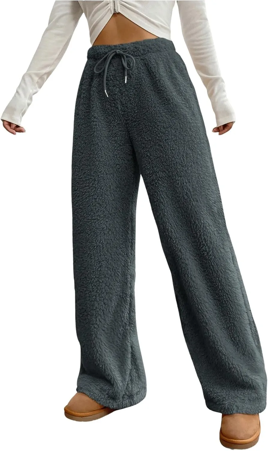 Women's Drawstring High Waisted Fuzzy Pants Cozy Wide Leg Casual Lounge Trousers