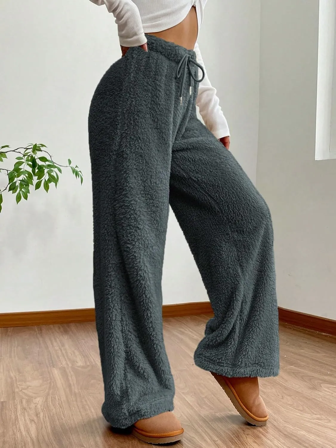 Women's Drawstring High Waisted Fuzzy Pants Cozy Wide Leg Casual Lounge Trousers
