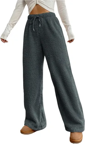 Women's Drawstring High Waisted Fuzzy Pants Cozy Wide Leg Casual Lounge Trousers