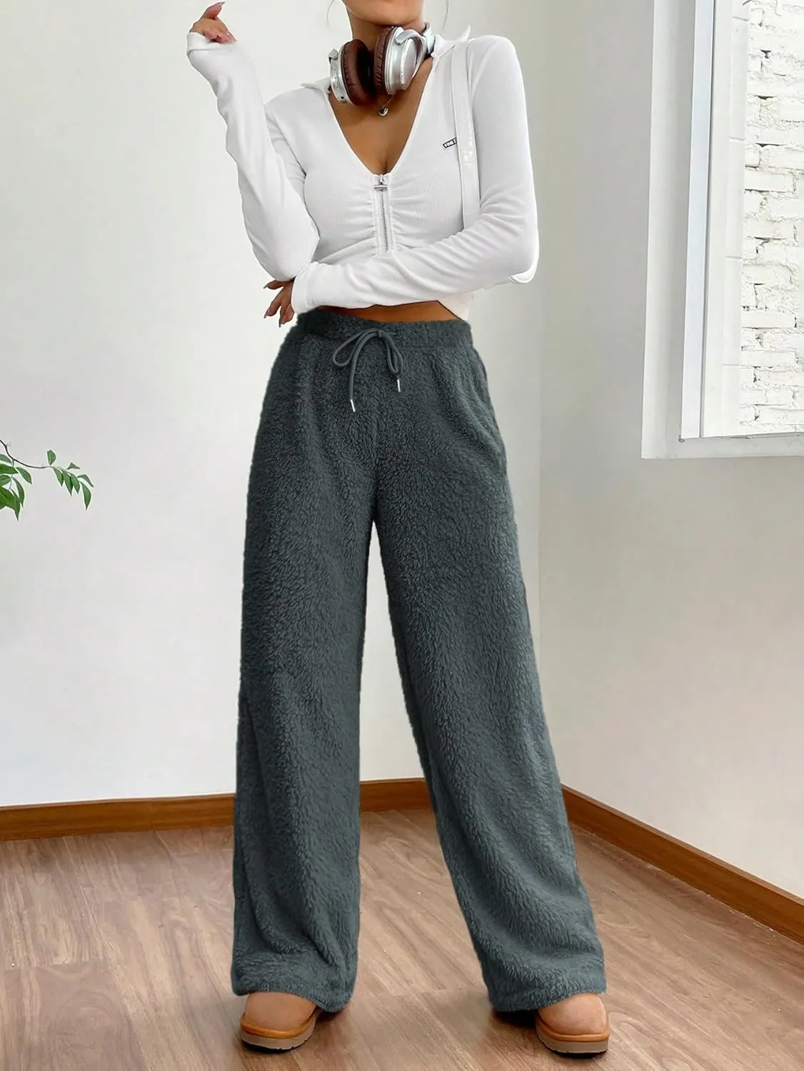 Women's Drawstring High Waisted Fuzzy Pants Cozy Wide Leg Casual Lounge Trousers