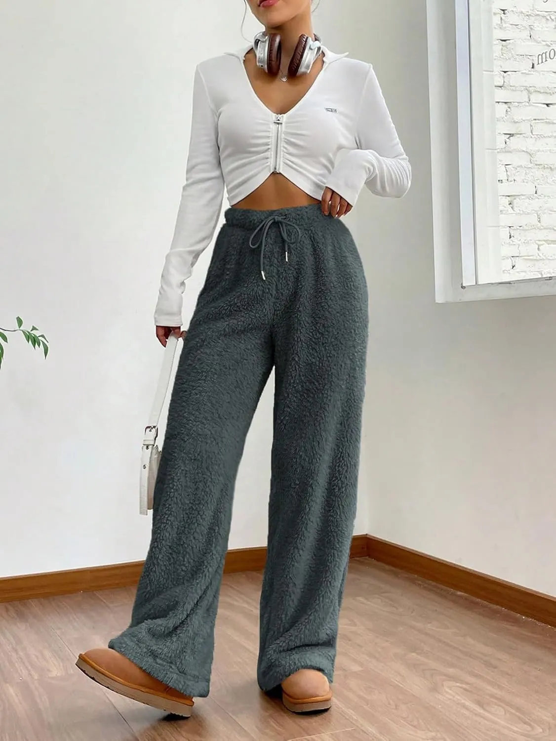 Women's Drawstring High Waisted Fuzzy Pants Cozy Wide Leg Casual Lounge Trousers