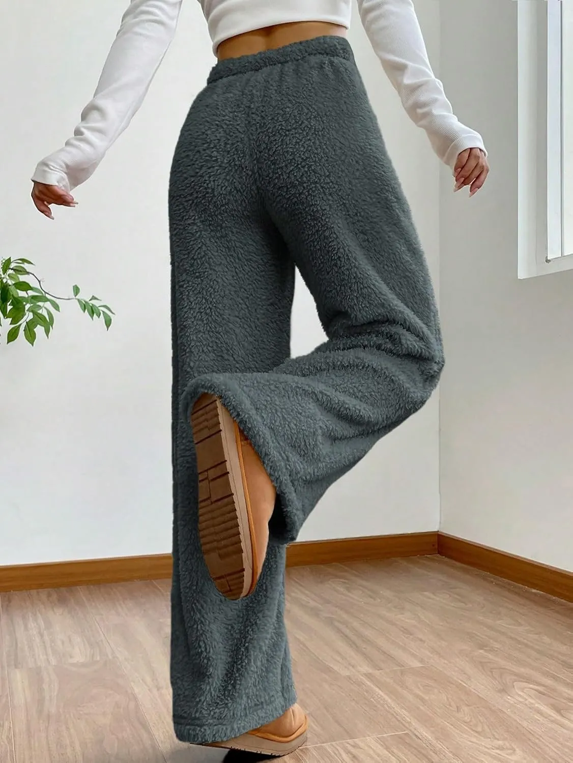 Women's Drawstring High Waisted Fuzzy Pants Cozy Wide Leg Casual Lounge Trousers