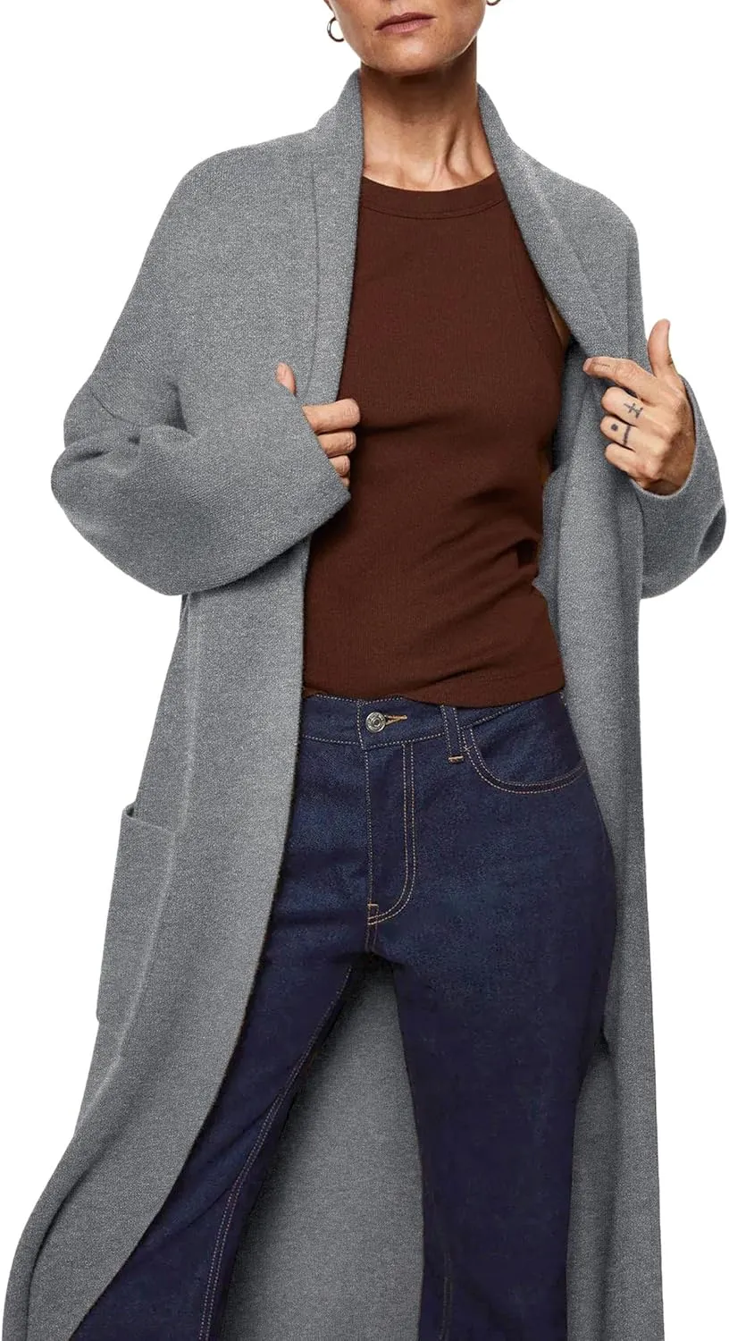 Womens Long Sleeve Maxi Cardigan Open Front Oversized Knitted Sweater Coat Casual Lapel Warm Overcoat with Pockets
