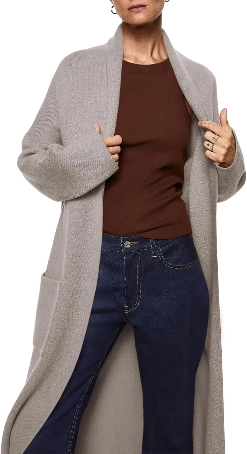 Womens Long Sleeve Maxi Cardigan Open Front Oversized Knitted Sweater Coat Casual Lapel Warm Overcoat with Pockets