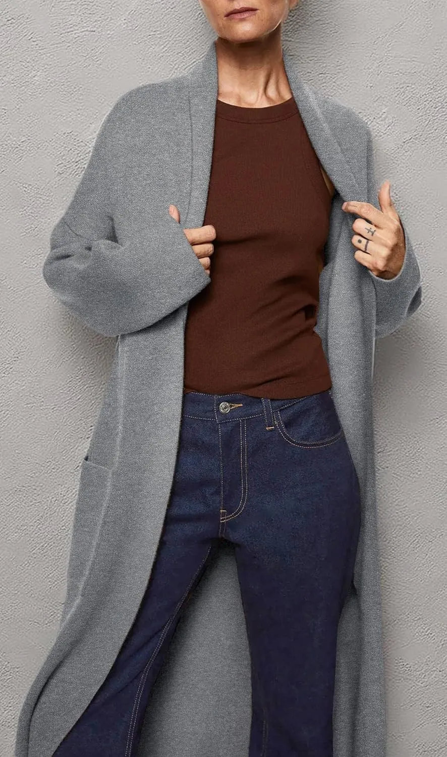 Womens Long Sleeve Maxi Cardigan Open Front Oversized Knitted Sweater Coat Casual Lapel Warm Overcoat with Pockets