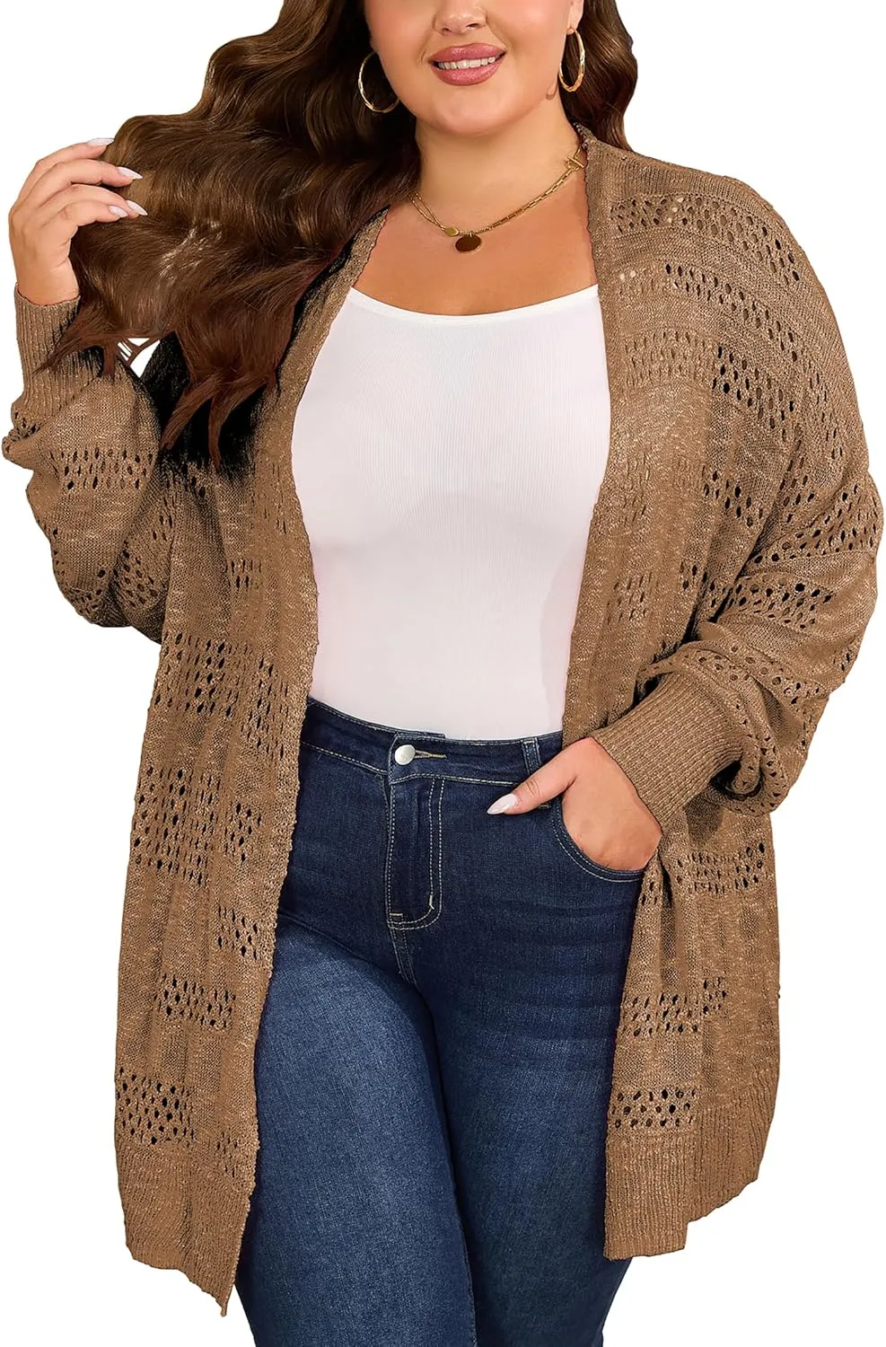 Women's Plus Size Crochet Cardigan Kimonos Boho Long Sleeve Oversized Summer Open Front Knitted Sweater Tops