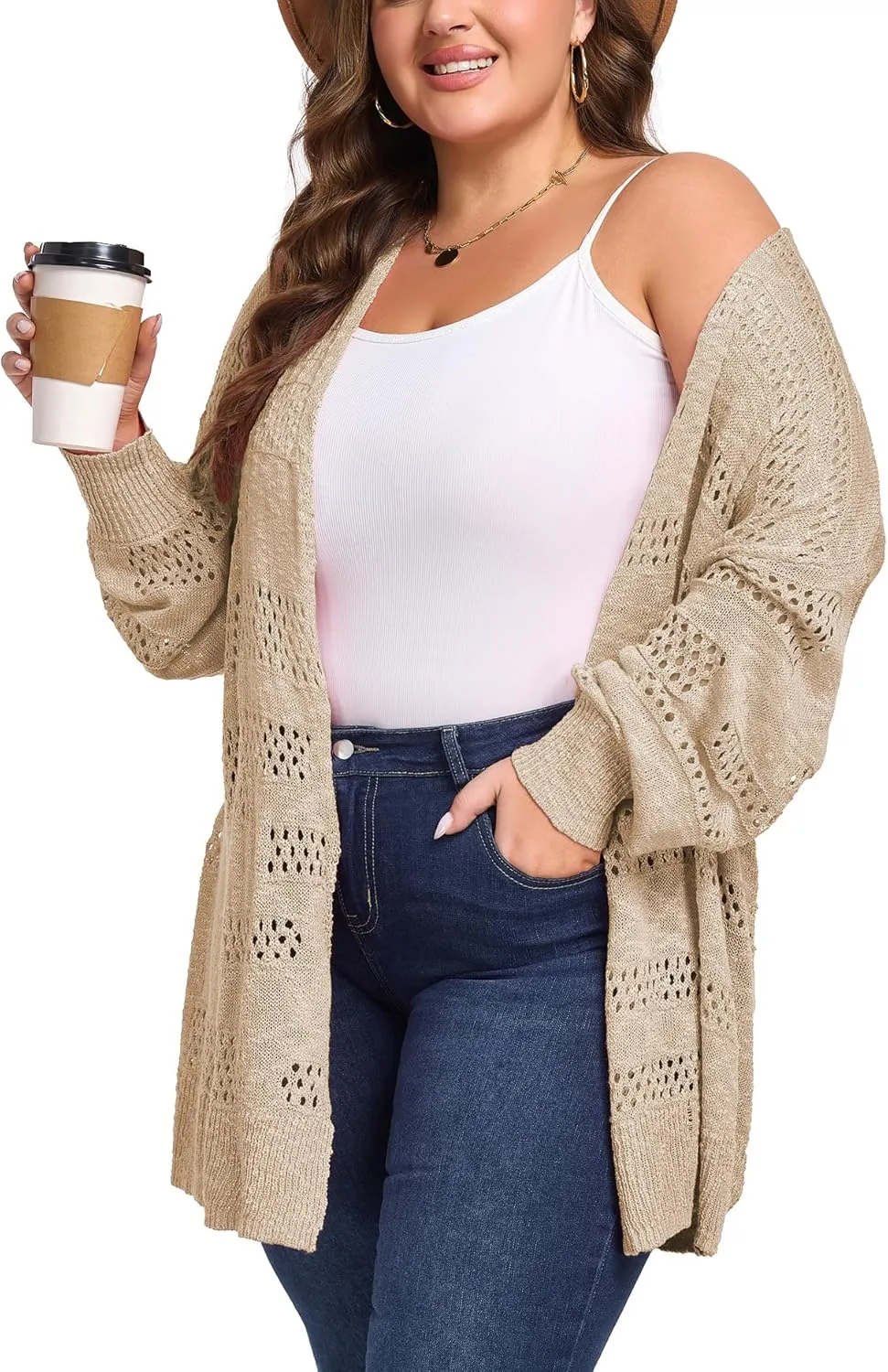 Women's Plus Size Crochet Cardigan Kimonos Boho Long Sleeve Oversized Summer Open Front Knitted Sweater Tops