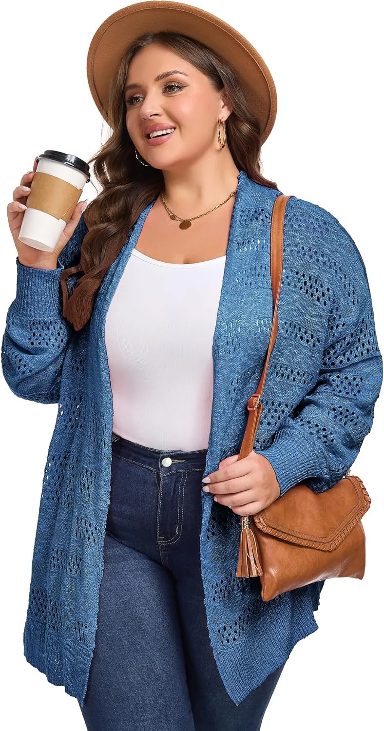 Women's Plus Size Crochet Cardigan Kimonos Boho Long Sleeve Oversized Summer Open Front Knitted Sweater Tops