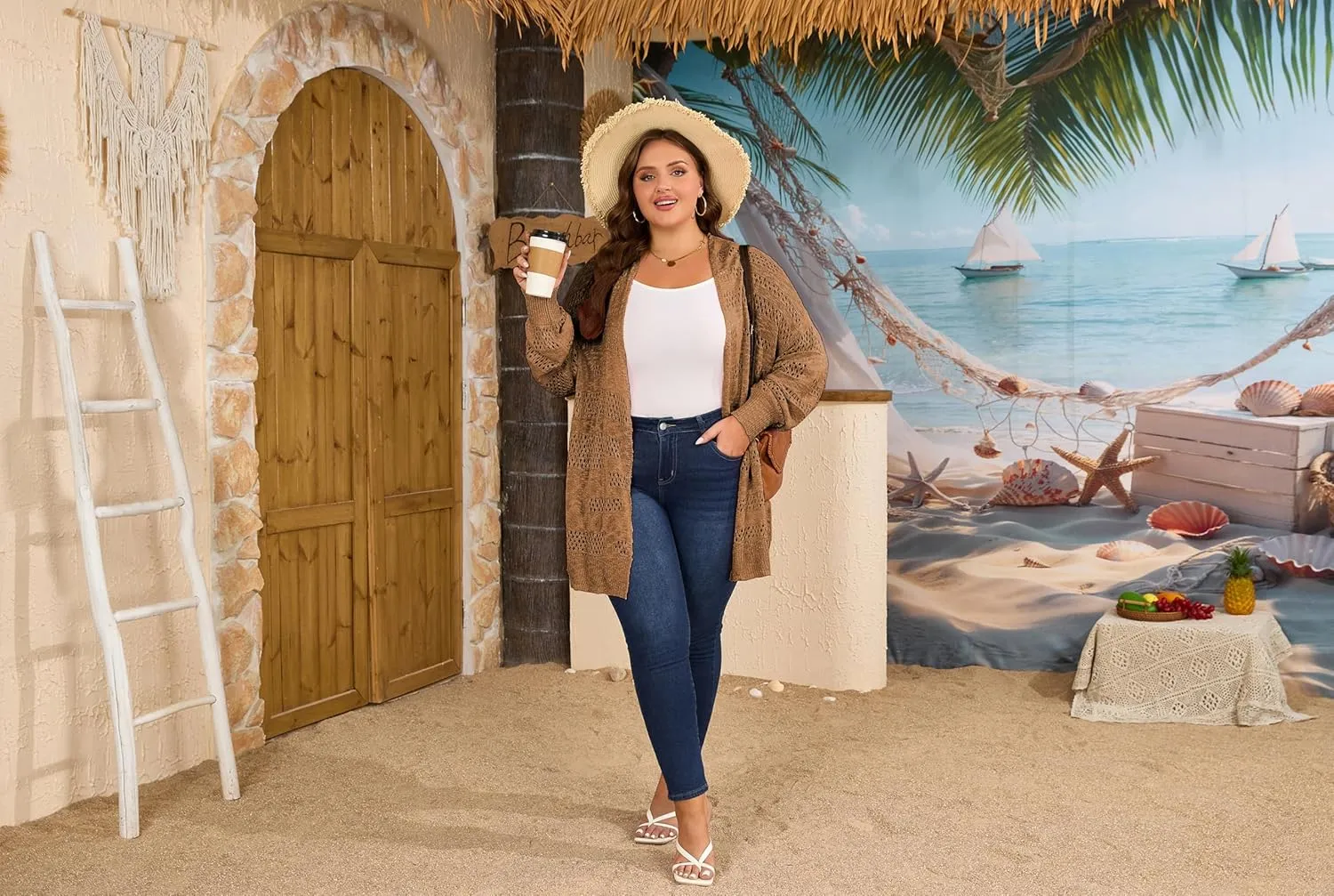 Women's Plus Size Crochet Cardigan Kimonos Boho Long Sleeve Oversized Summer Open Front Knitted Sweater Tops