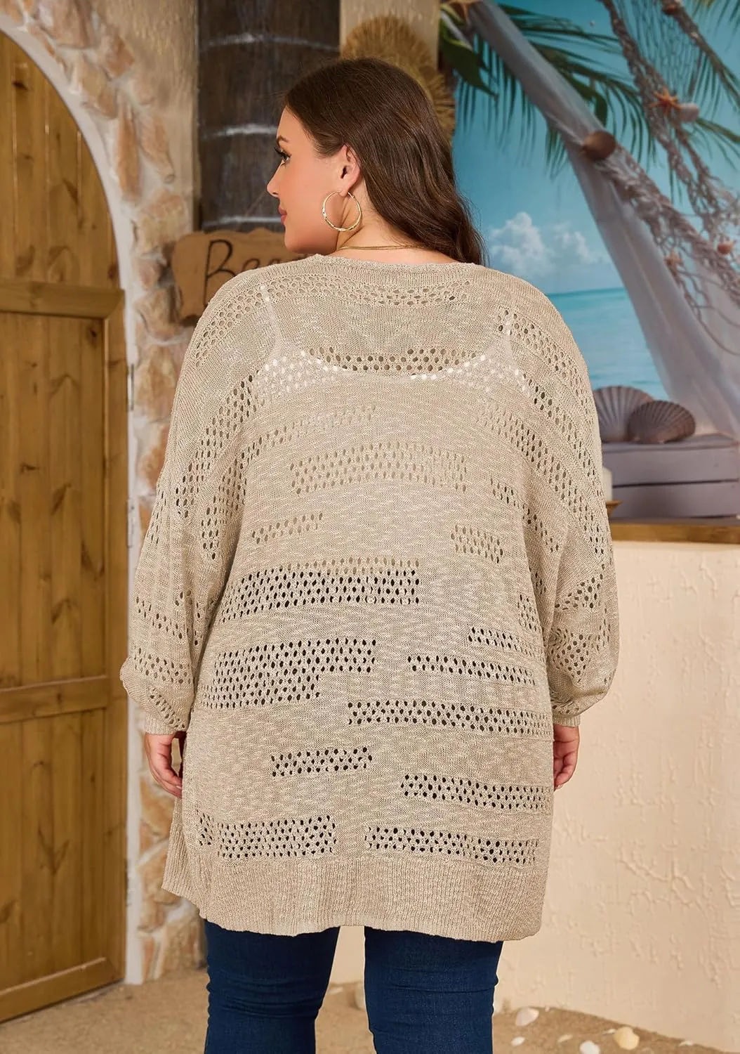 Women's Plus Size Crochet Cardigan Kimonos Boho Long Sleeve Oversized Summer Open Front Knitted Sweater Tops