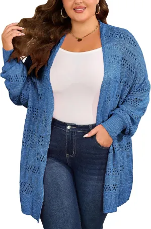 Women's Plus Size Crochet Cardigan Kimonos Boho Long Sleeve Oversized Summer Open Front Knitted Sweater Tops