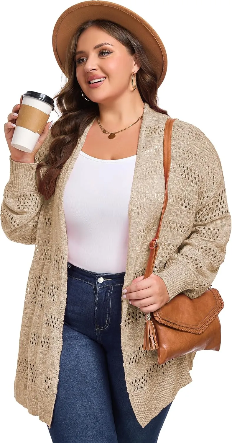 Women's Plus Size Crochet Cardigan Kimonos Boho Long Sleeve Oversized Summer Open Front Knitted Sweater Tops