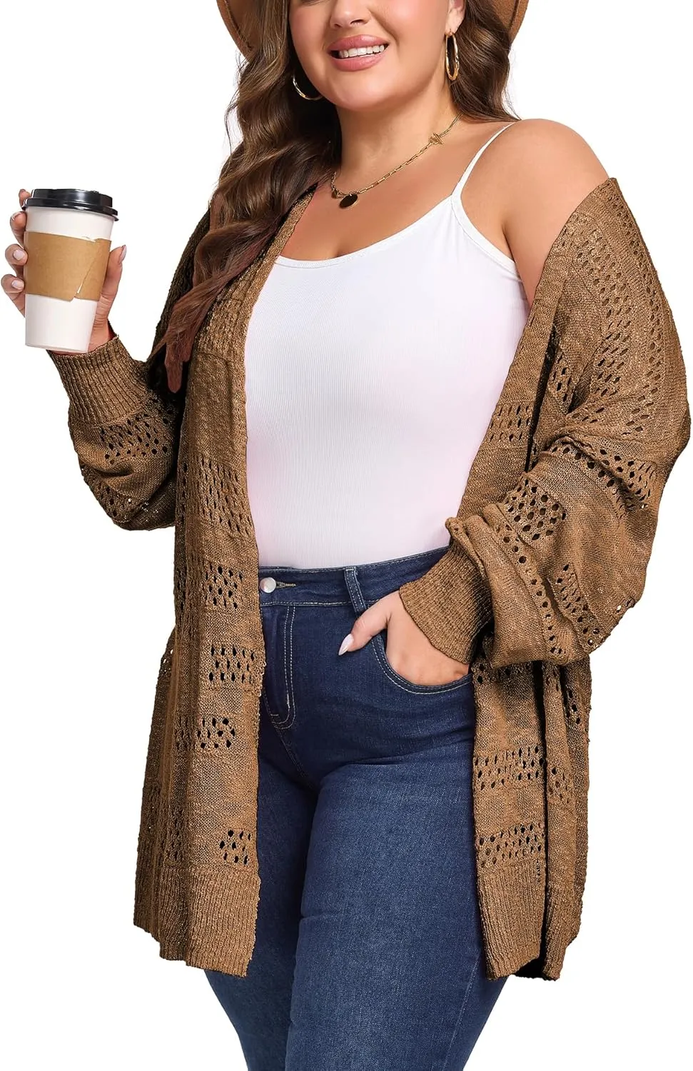 Women's Plus Size Crochet Cardigan Kimonos Boho Long Sleeve Oversized Summer Open Front Knitted Sweater Tops
