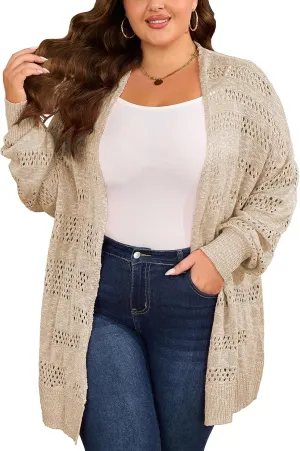 Women's Plus Size Crochet Cardigan Kimonos Boho Long Sleeve Oversized Summer Open Front Knitted Sweater Tops