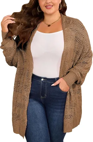 Women's Plus Size Crochet Cardigan Kimonos Boho Long Sleeve Oversized Summer Open Front Knitted Sweater Tops