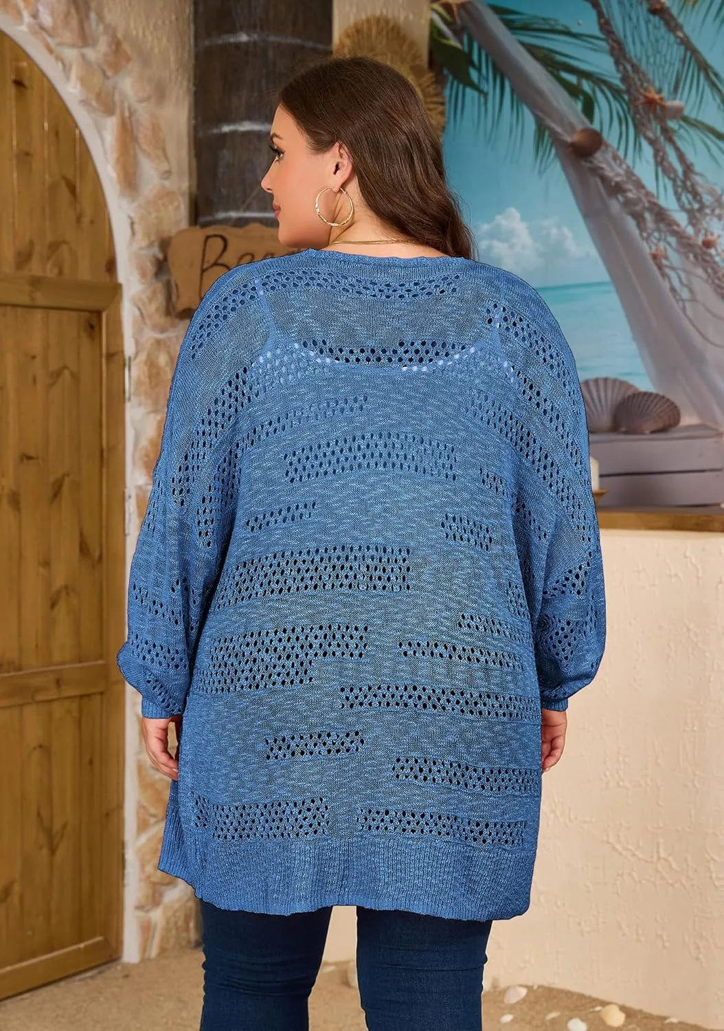 Women's Plus Size Crochet Cardigan Kimonos Boho Long Sleeve Oversized Summer Open Front Knitted Sweater Tops