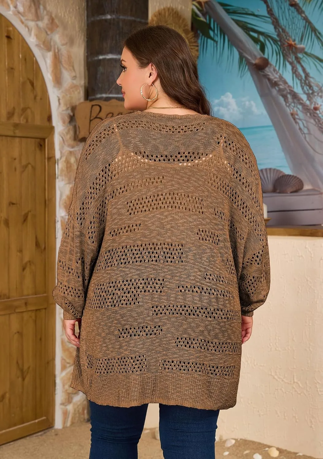 Women's Plus Size Crochet Cardigan Kimonos Boho Long Sleeve Oversized Summer Open Front Knitted Sweater Tops